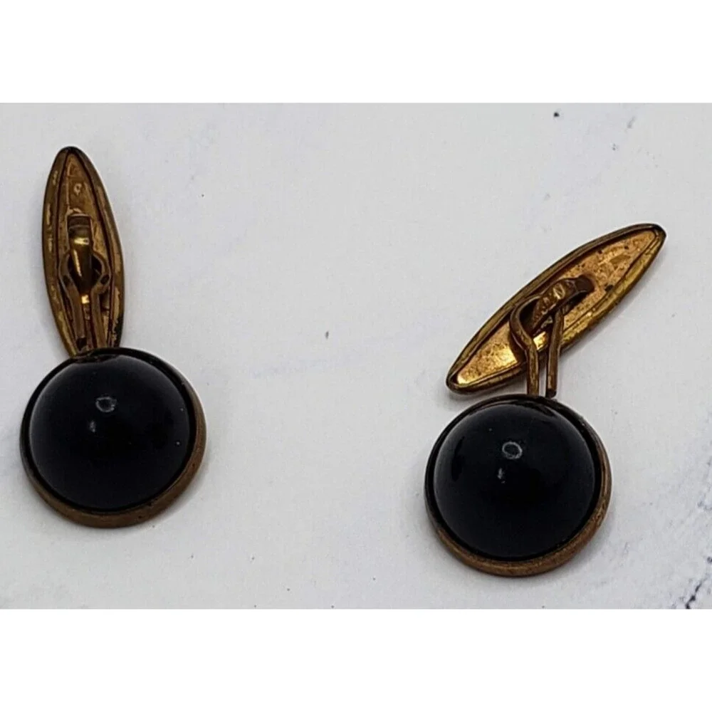 Vintage Brass Tone with Black Stone Slant Arm Cufflinks